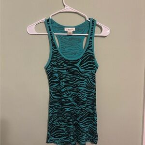 B20 Womens Belle Du Jour Teal and Black Zebra Print Tank Top size Small/Medium